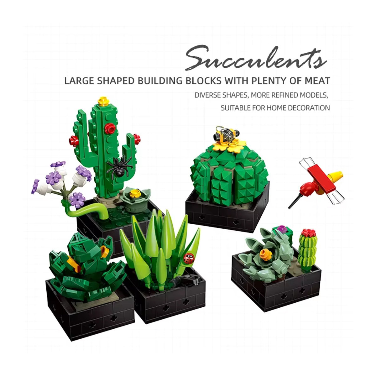 AMAZINGBLOKS Sukkulenten-Pflanzen-Set aus Kunststoff mit 590 Teilen, Mehrfarbiges Kaktus-Modell als Schreibtisch-Dekoration und Spielzeug für Teenager - Bild 4
