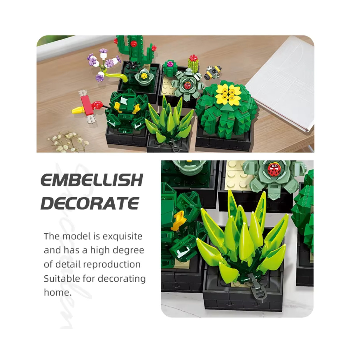 AMAZINGBLOKS Sukkulenten-Pflanzen-Set aus Kunststoff mit 590 Teilen, Mehrfarbiges Kaktus-Modell als Schreibtisch-Dekoration und Spielzeug für Teenager - Bild 5