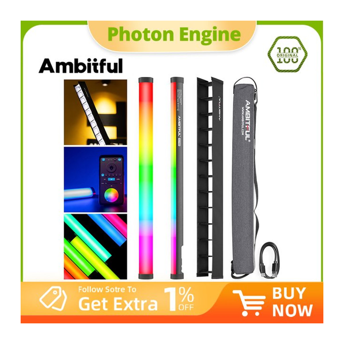 AMBITFUL Liebes a2 pro RGB LED Video-Stick Vollfarb-Röhrenlicht mit integrierter Lithium-Batterie und App-Steuerung (2500K-8500K) - Bild 1