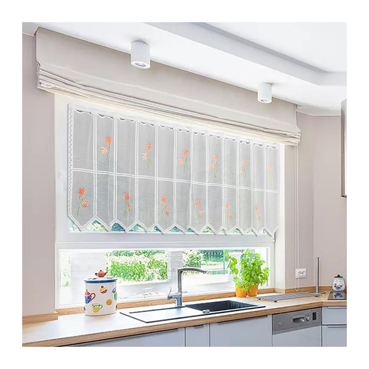 American Modern Home Kurzvorhang mit Blumenpflanzen-Motiv in Weiß, halbtransparenter Sichtschutz, maschinenwaschbar - Bild 1