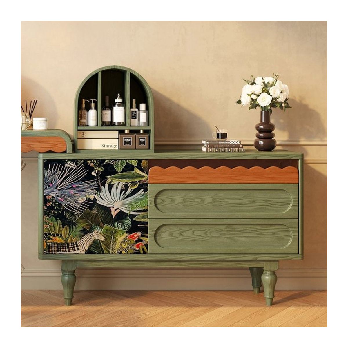 Amerikanische Retro-Kommode aus massivem Holz in Grün mit integriertem antiken Schminktisch und floralem Design - Bild 1