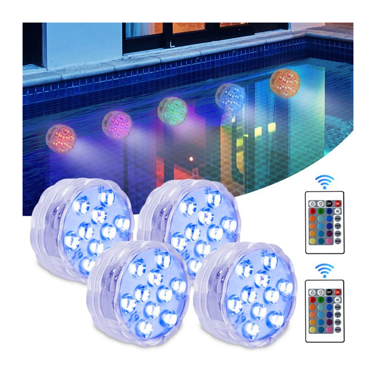 ammtoo RGB LED Unterwasser Lampe mit Fernbedienung, 10 LED, Bunt, Tragbare Batteriebetriebene Schwimmbad Licht für Aquarium und Vase - Bild 1