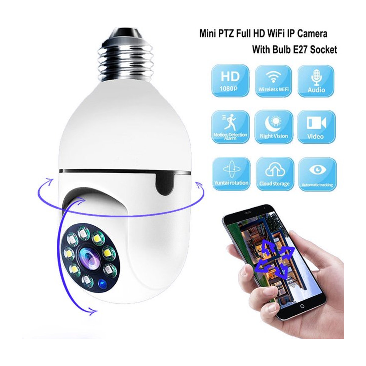 amzwn Smart-Lampe WiFi-Sicherheitskamera mit 2 MP Auflösung, E27 Fassung, Weiß, 355 Grad Rotation, Vollfarb-Nachtsicht und Zwei-Wege-Audio - Bild 1