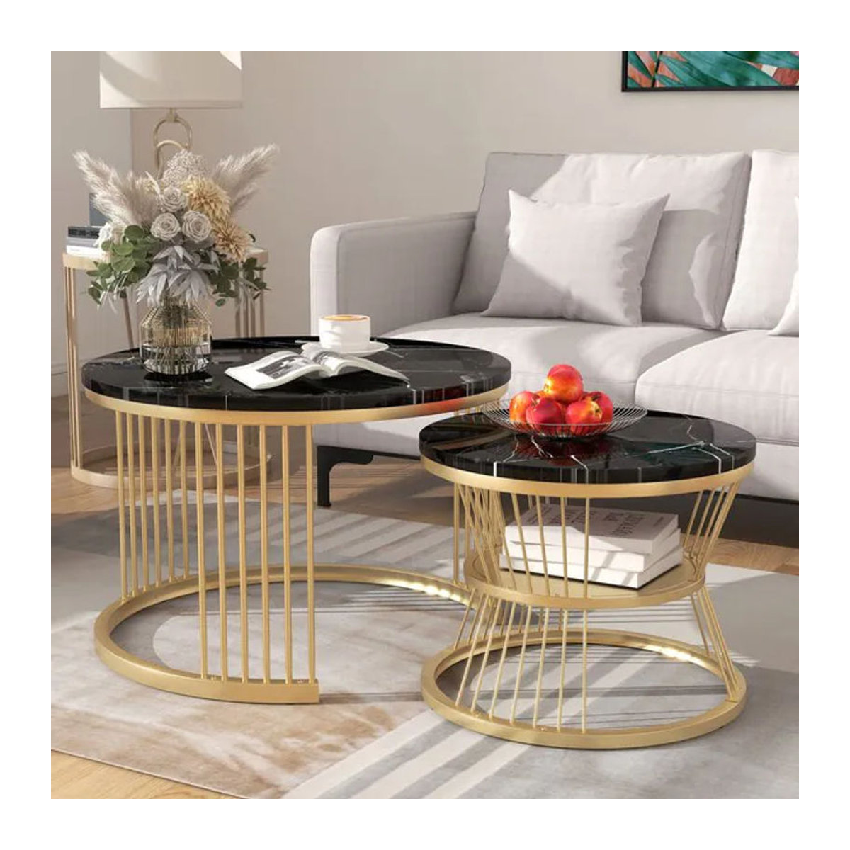 Anajqaqia Couchtisch-Set in Schwarz mit rundem Marmorimitat-Finish und goldfarbenem Metallrahmen für dein Wohnzimmer - Bild 1