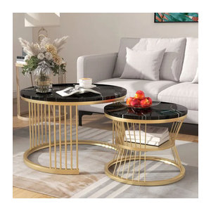 Anajqaqia Couchtisch-Set in Schwarz mit rundem Marmorimitat-Finish und goldfarbenem Metallrahmen für dein Wohnzimmer