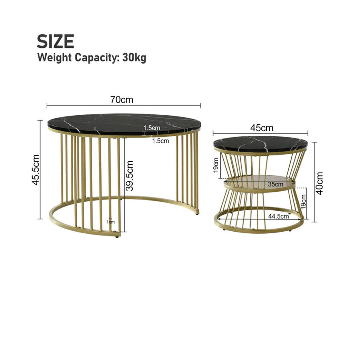 Anajqaqia Couchtisch-Set in Schwarz mit rundem Marmorimitat-Finish und goldfarbenem Metallrahmen für dein Wohnzimmer - Bild 2