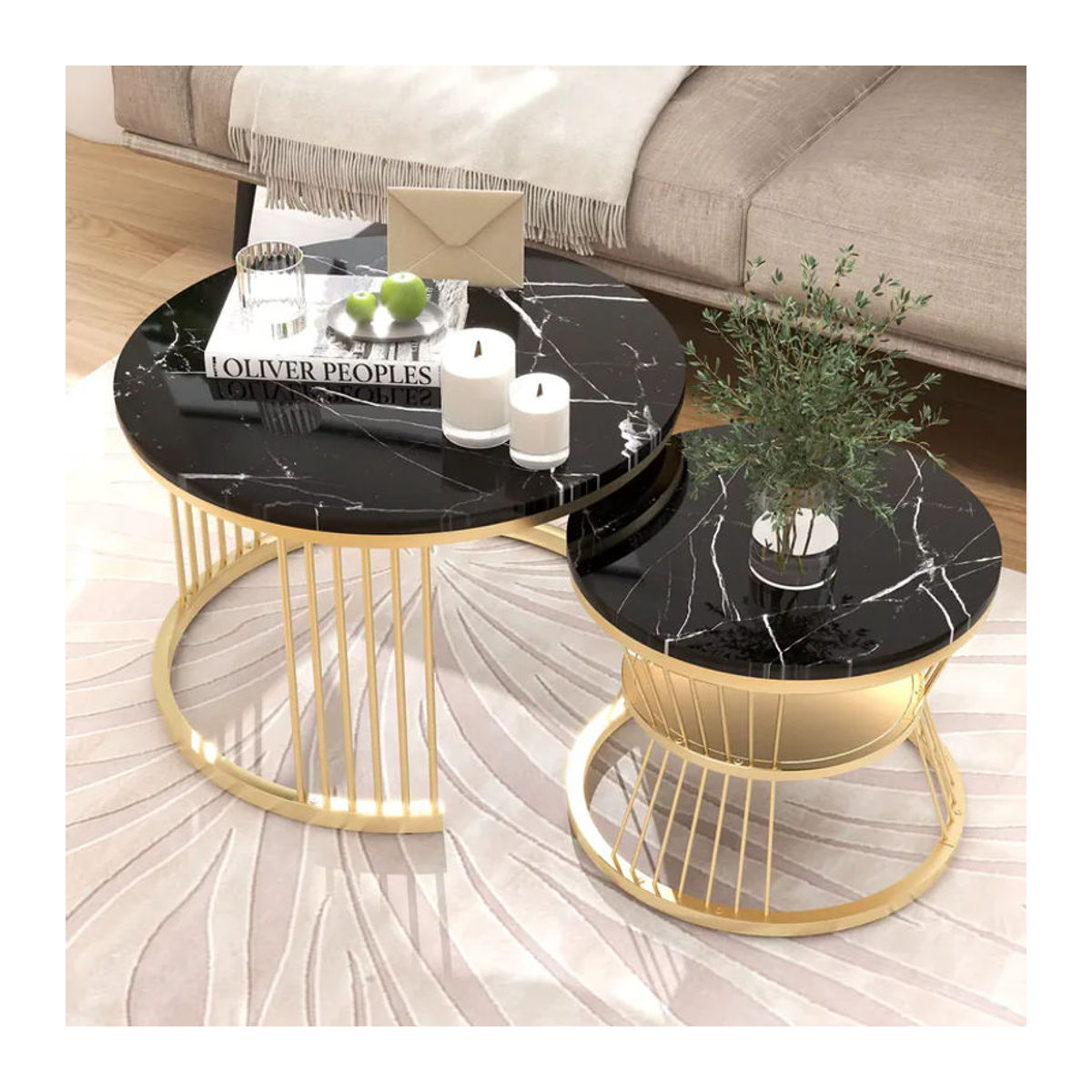 Anajqaqia Couchtisch-Set in Schwarz mit rundem Marmorimitat-Finish und goldfarbenem Metallrahmen für dein Wohnzimmer - Bild 3