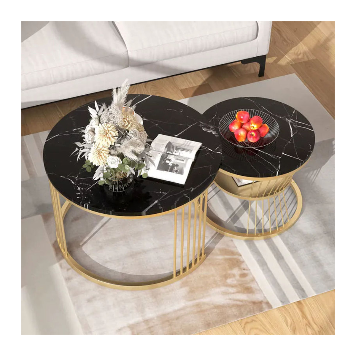 Anajqaqia Couchtisch-Set in Schwarz mit rundem Marmorimitat-Finish und goldfarbenem Metallrahmen für dein Wohnzimmer - Bild 4