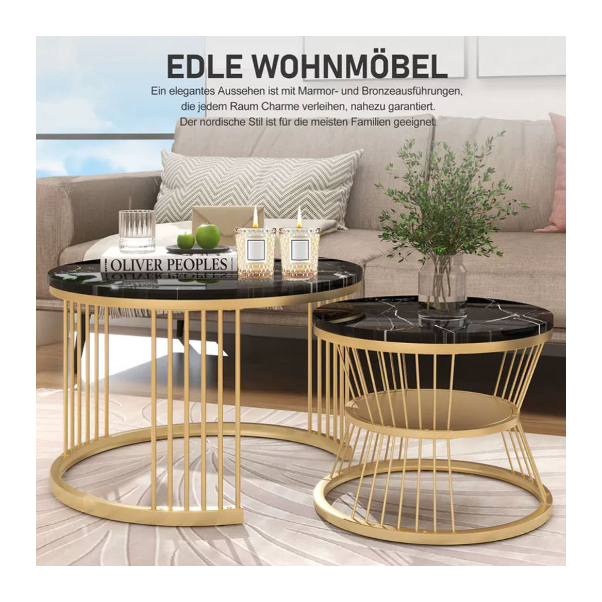 Anajqaqia Couchtisch-Set in Schwarz mit rundem Marmorimitat-Finish und goldfarbenem Metallrahmen für dein Wohnzimmer - Bild 5