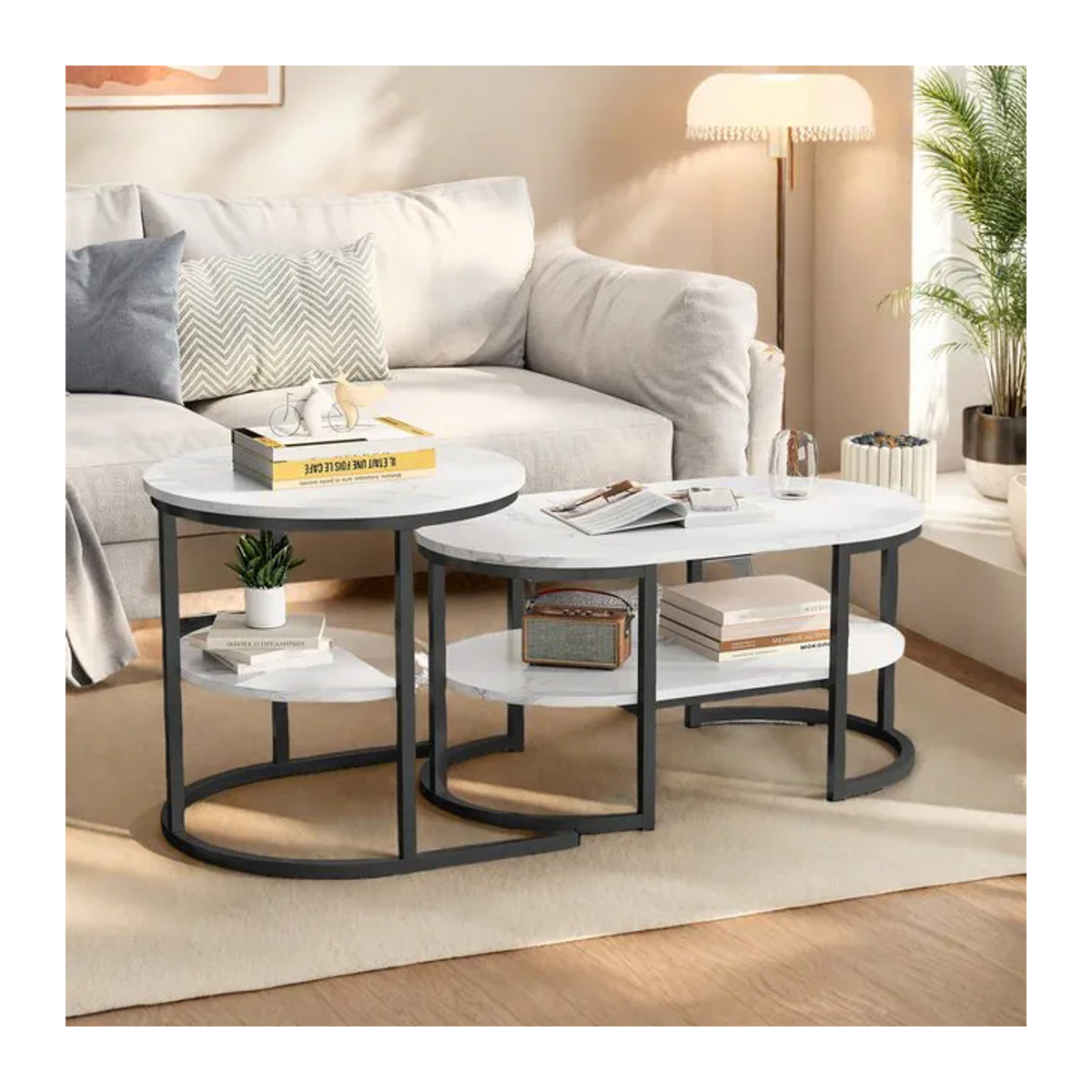 Anajqaqia Couchtisch-Set mit 2 ovalen Tischen in Schwarz oder Weiß mit Metallrahmen und Stauraum im modernen Design - Bild 1