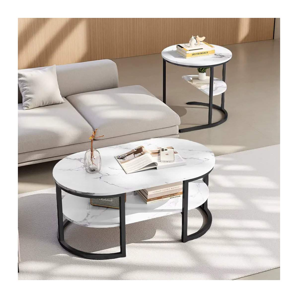 Anajqaqia Couchtisch-Set mit 2 ovalen Tischen in Schwarz oder Weiß mit Metallrahmen und Stauraum im modernen Design - Bild 2