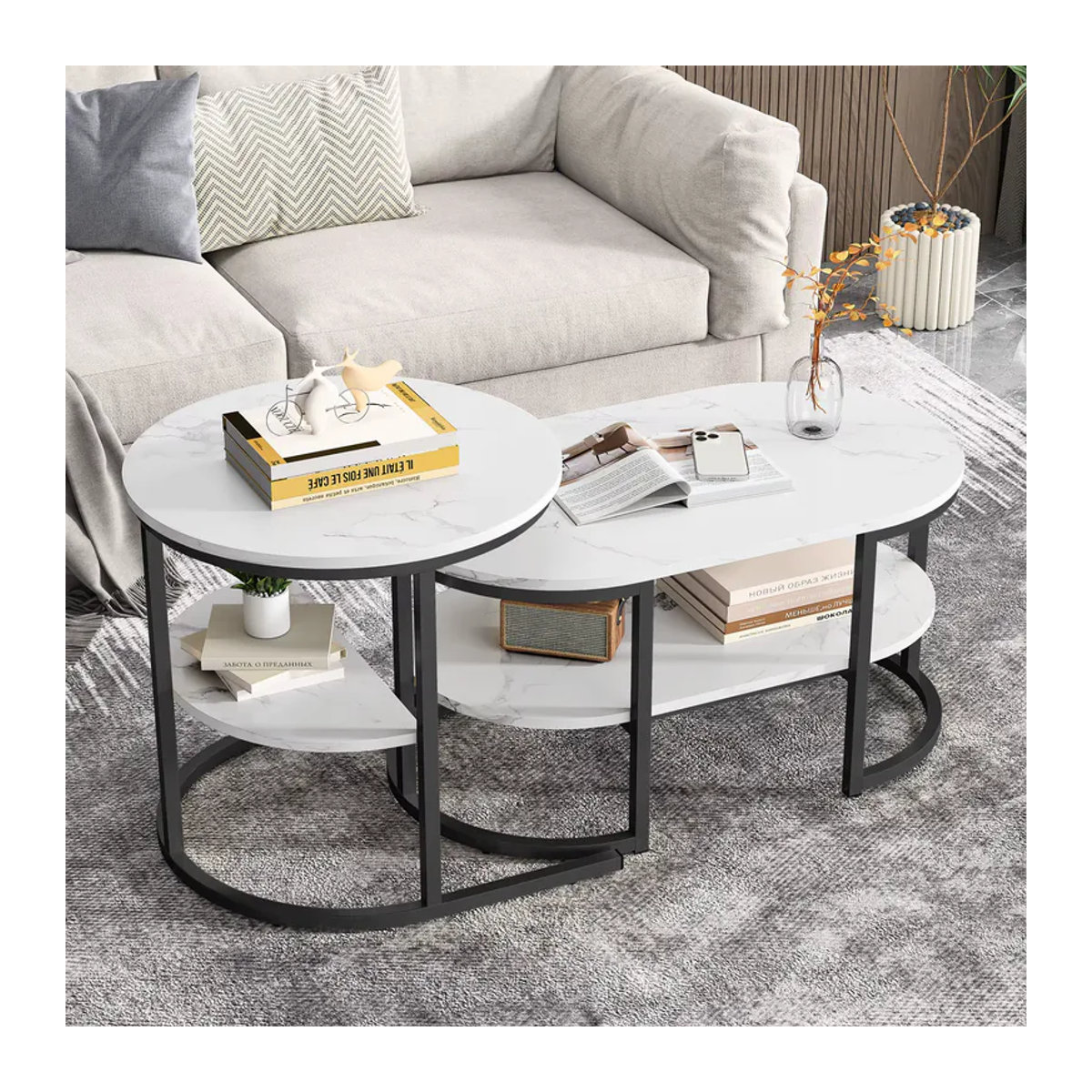 Anajqaqia Couchtisch-Set mit 2 ovalen Tischen in Schwarz oder Weiß mit Metallrahmen und Stauraum im modernen Design - Bild 3