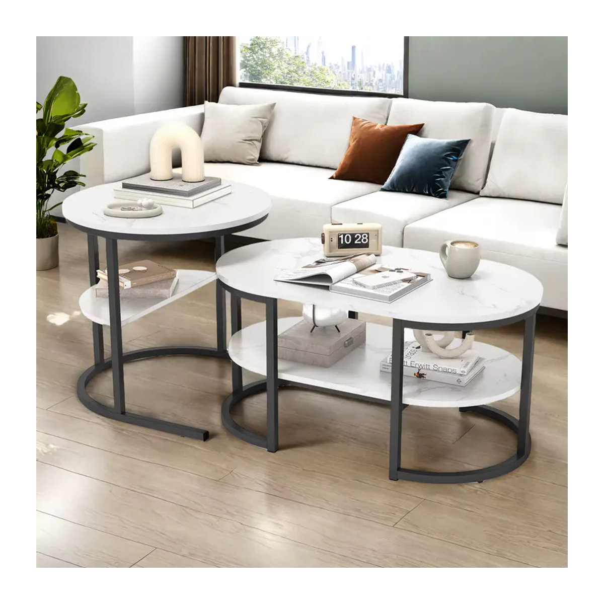 Anajqaqia Couchtisch-Set mit 2 ovalen Tischen in Schwarz oder Weiß mit Metallrahmen und Stauraum im modernen Design - Bild 4