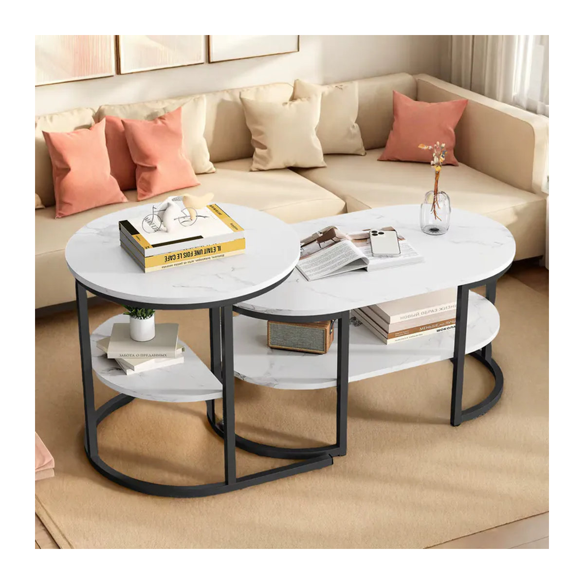 Anajqaqia Couchtisch-Set mit 2 ovalen Tischen in Schwarz oder Weiß mit Metallrahmen und Stauraum im modernen Design - Bild 5