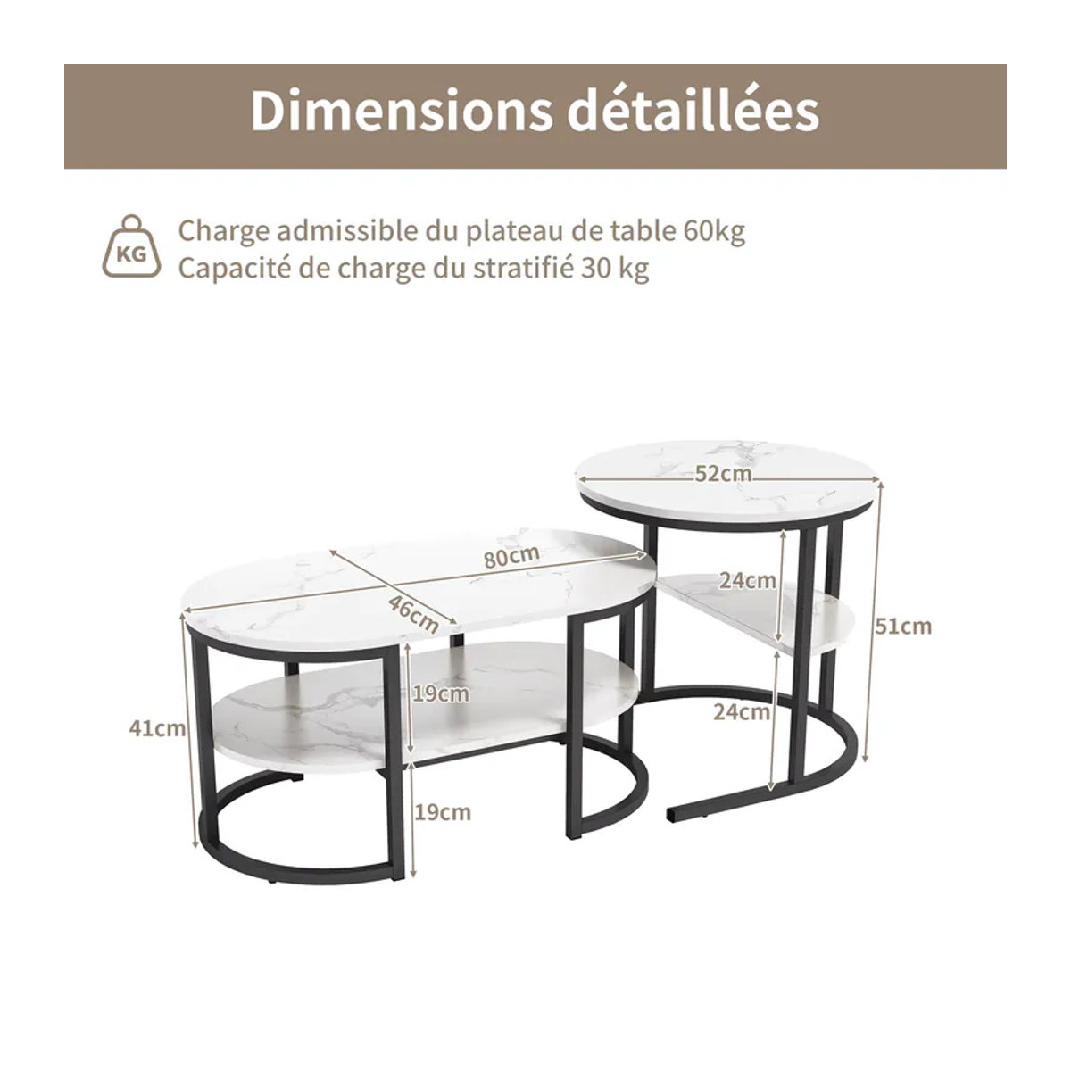 Anajqaqia Couchtisch-Set mit 2 ovalen Tischen in Schwarz oder Weiß mit Metallrahmen und Stauraum im modernen Design - Bild 6