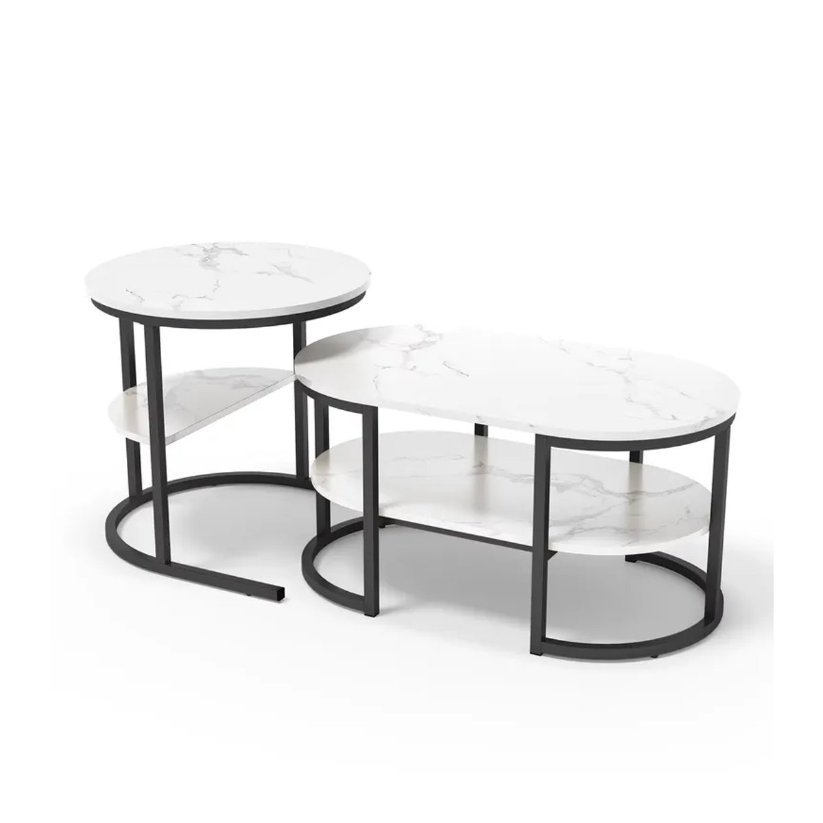 Anajqaqia Couchtisch-Set mit 2 ovalen Tischen in Schwarz oder Weiß mit Metallrahmen und Stauraum im modernen Design - Bild 7
