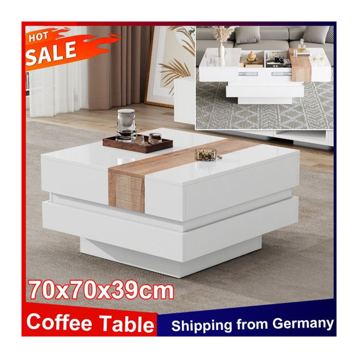 Anajqaqia Couchtisch Weiß mit ausziehbarer Tischplatte und verstecktem Stauraum, quadratisch und modern, B/T/H: 70 x 70 x 39 cm - Bild 1
