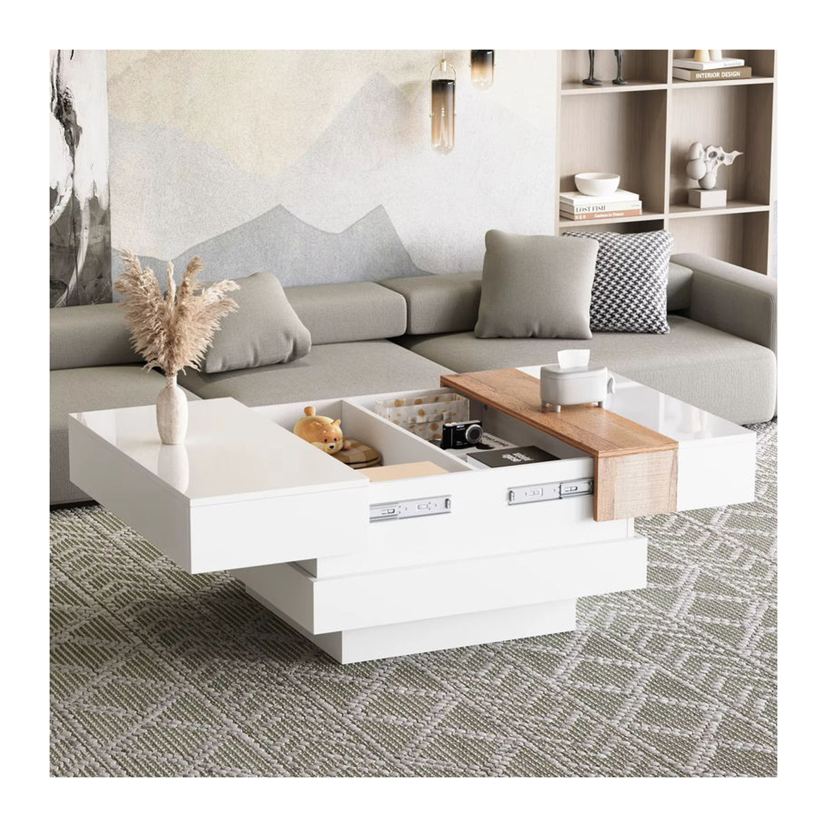 Anajqaqia Couchtisch Weiß mit ausziehbarer Tischplatte und verstecktem Stauraum, quadratisch und modern, B/T/H: 70 x 70 x 39 cm - Bild 3
