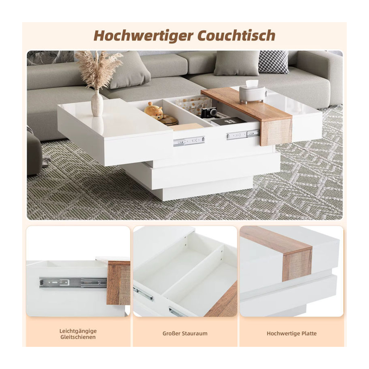 Anajqaqia Couchtisch Weiß mit ausziehbarer Tischplatte und verstecktem Stauraum, quadratisch und modern, B/T/H: 70 x 70 x 39 cm - Bild 4