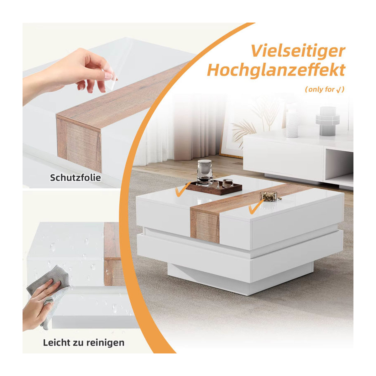 Anajqaqia Couchtisch Weiß mit ausziehbarer Tischplatte und verstecktem Stauraum, quadratisch und modern, B/T/H: 70 x 70 x 39 cm - Bild 5