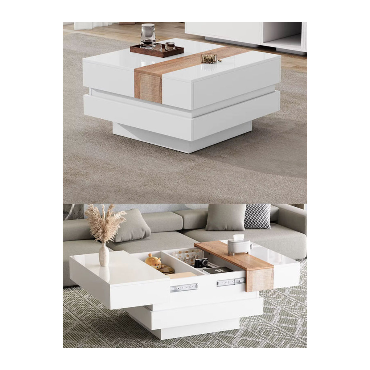 Anajqaqia Couchtisch Weiß mit ausziehbarer Tischplatte und verstecktem Stauraum, quadratisch und modern, B/T/H: 70 x 70 x 39 cm - Bild 7