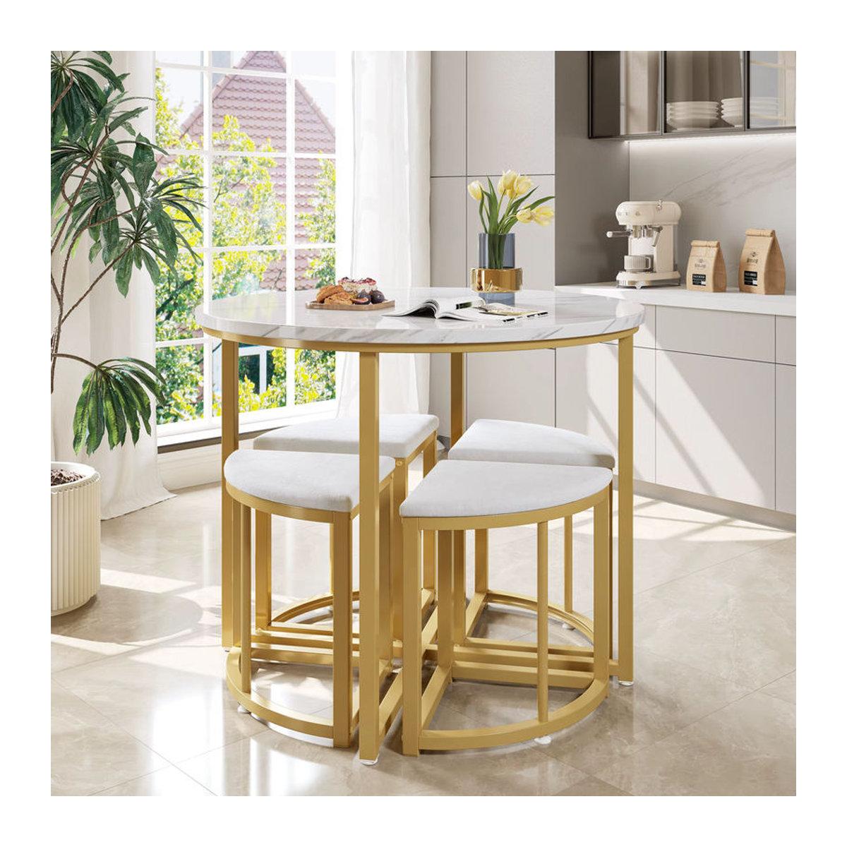 Anajqaqia Esszimmer-Set mit Tisch und 4 Stühlen in Weiß, moderner Esstisch mit MDF-Platte und Samtstühlen mit vergoldetem Metallrahmen - Bild 1