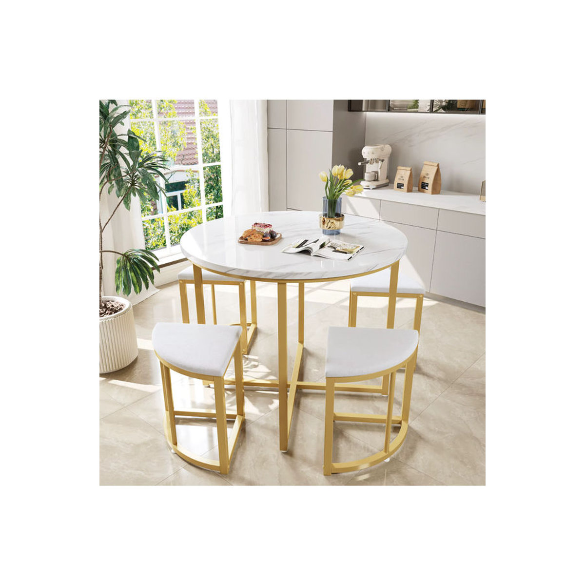 Anajqaqia Esszimmer-Set mit Tisch und 4 Stühlen in Weiß, moderner Esstisch mit MDF-Platte und Samtstühlen mit vergoldetem Metallrahmen - Bild 5