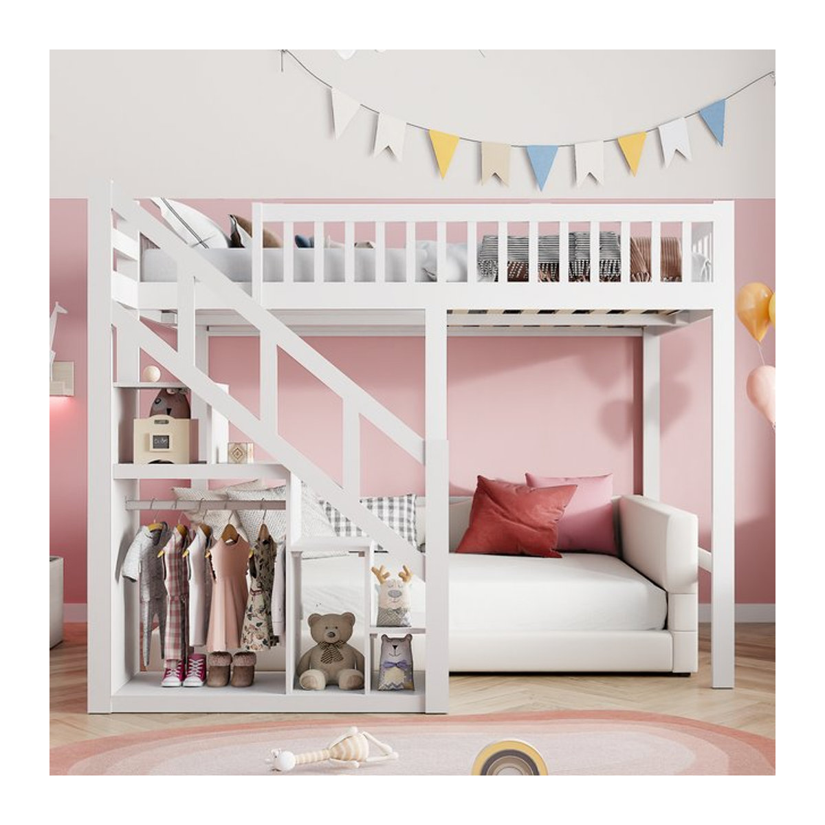 Anajqaqia Etagenbett aus Holz mit Treppe und Stauraum für Kinder, Weiß, B: 140 cm, T: 200 cm - Bild 1