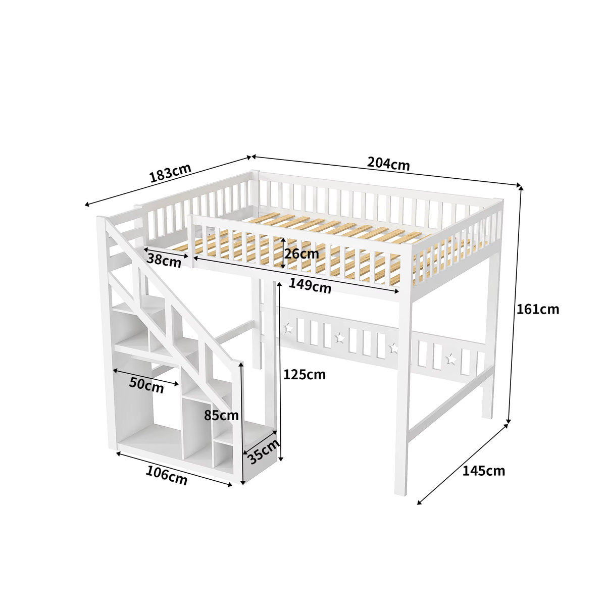 Anajqaqia Etagenbett aus Holz mit Treppe und Stauraum für Kinder, Weiß, B: 140 cm, T: 200 cm - Bild 2