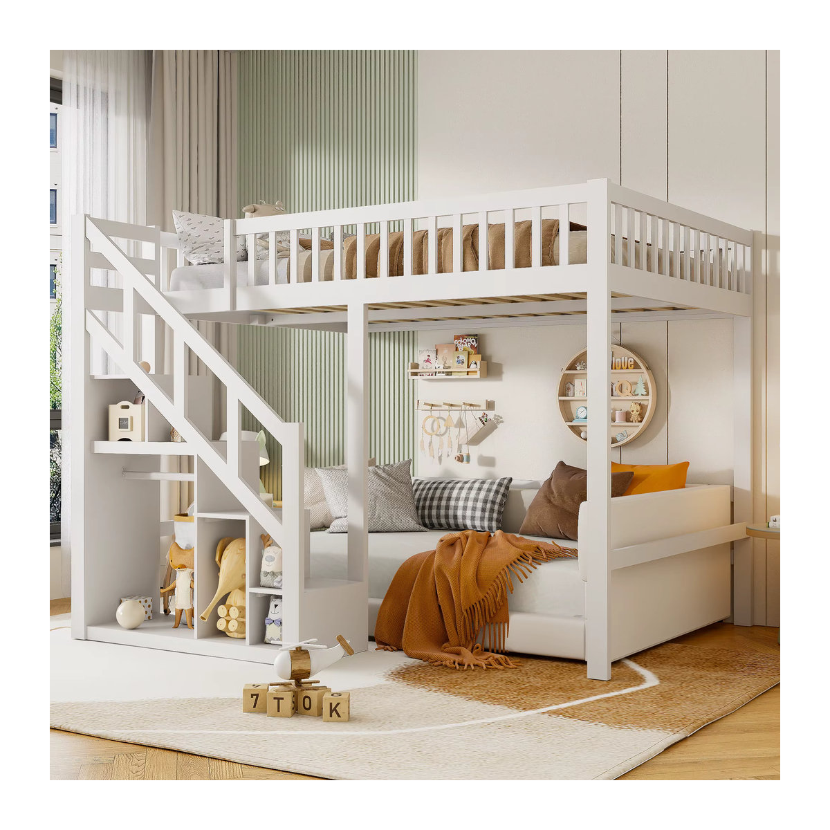 Anajqaqia Etagenbett aus Holz mit Treppe und Stauraum für Kinder, Weiß, B: 140 cm, T: 200 cm - Bild 4