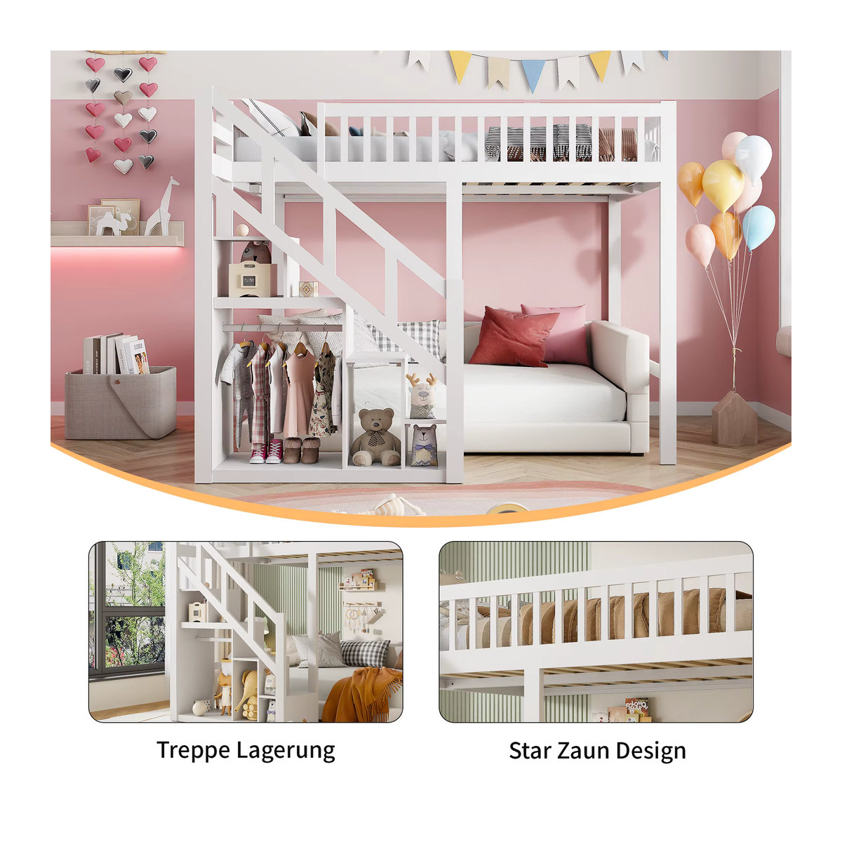 Anajqaqia Etagenbett aus Holz mit Treppe und Stauraum für Kinder, Weiß, B: 140 cm, T: 200 cm - Bild 5