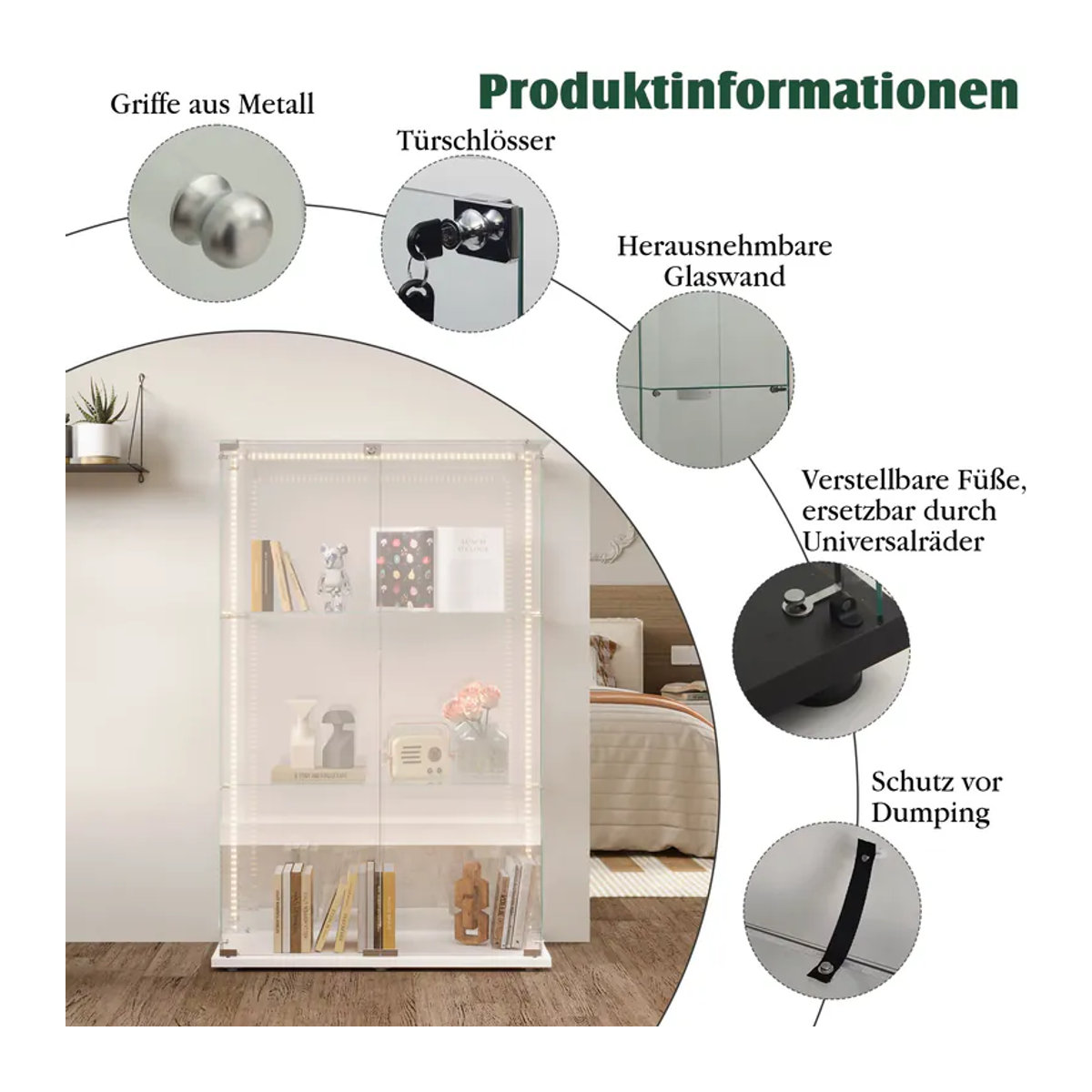 Anajqaqia Glas-Vitrine in Weiß mit LED-Beleuchtung, 3 Glasregalen und 2 Türen für dein Wohnzimmer - Bild 5