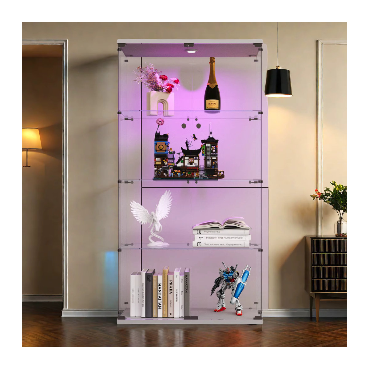Anajqaqia Glas-Vitrine in Weiß mit LED-Beleuchtung, 3 Regalen und Schloss für Wohnzimmer, Schlafzimmer oder Büro - Bild 2