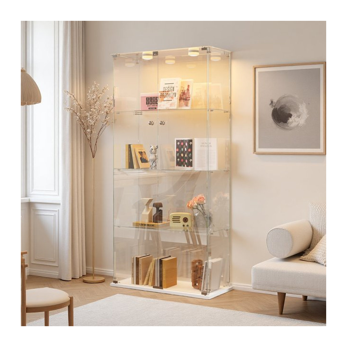 Anajqaqia Glasvitrine in Weiß mit LED-Beleuchtung und Schloss, Modernes Design, H x B x T: 163 x 78,5 x 35 cm - Bild 1