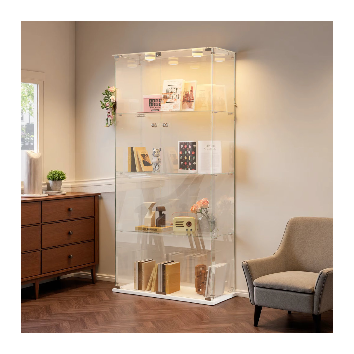Anajqaqia Glasvitrine in Weiß mit LED-Beleuchtung und Schloss, Modernes Design, H x B x T: 163 x 78,5 x 35 cm - Bild 3
