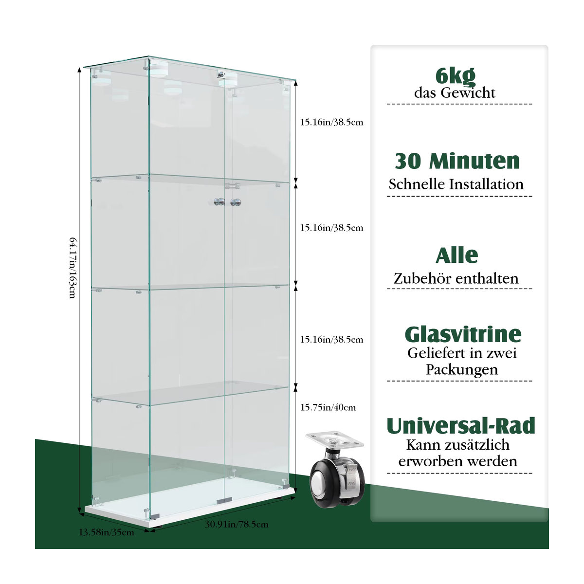 Anajqaqia Glasvitrine in Weiß mit LED-Beleuchtung und Schloss, Modernes Design, H x B x T: 163 x 78,5 x 35 cm - Bild 6