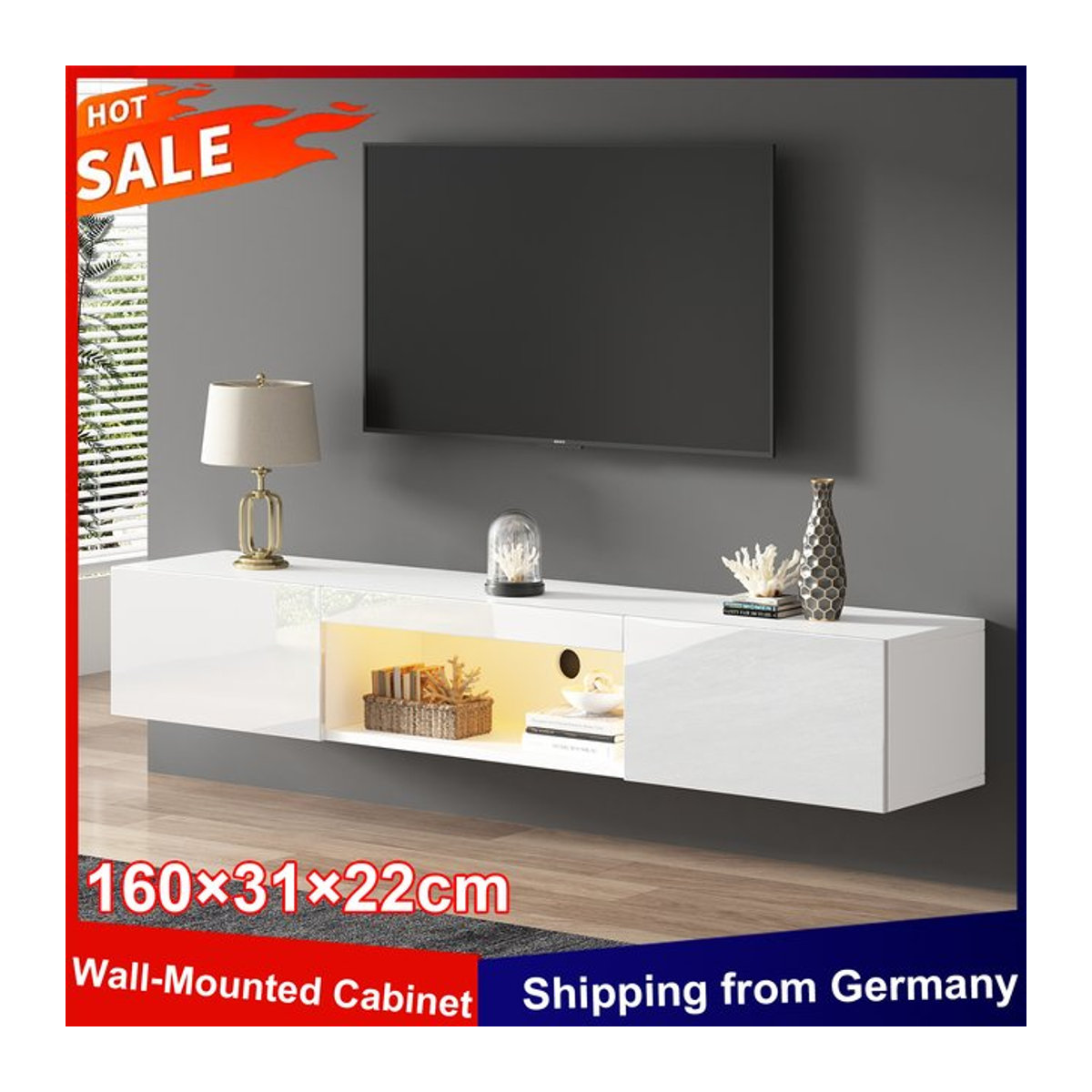 Anajqaqia Hochglänzender TV-Schrank in Weiß mit LED-Beleuchtung und Bluetooth-APP-Steuerung, B/T/H: 160 x 31 x 22 cm - Bild 1