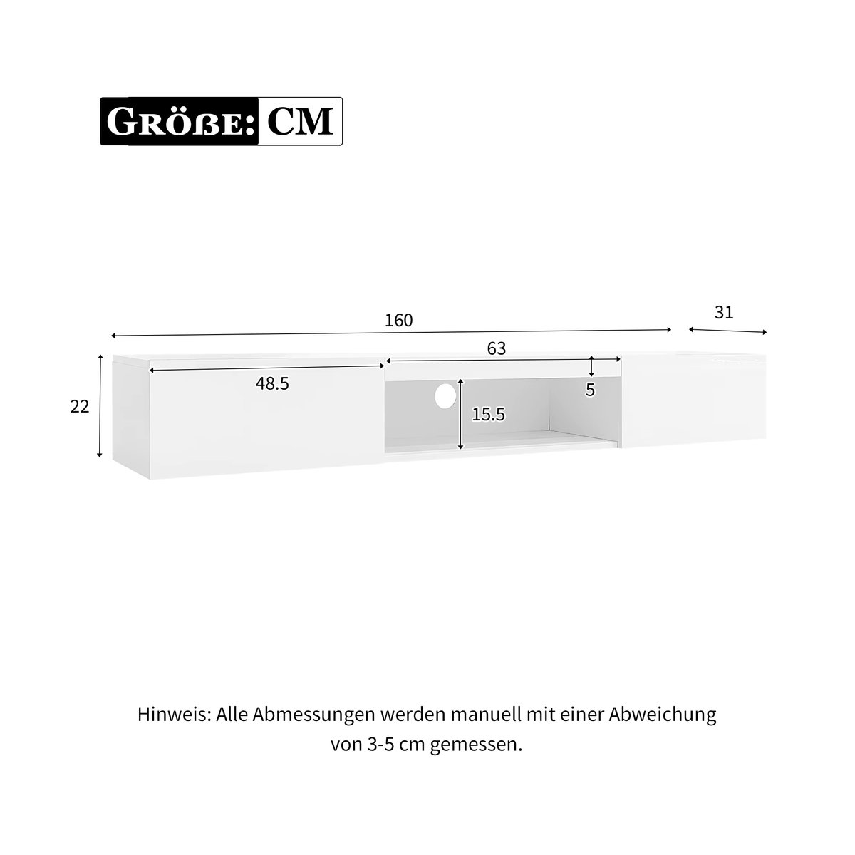 Anajqaqia Hochglänzender TV-Schrank in Weiß mit LED-Beleuchtung und Bluetooth-APP-Steuerung, B/T/H: 160 x 31 x 22 cm - Bild 2