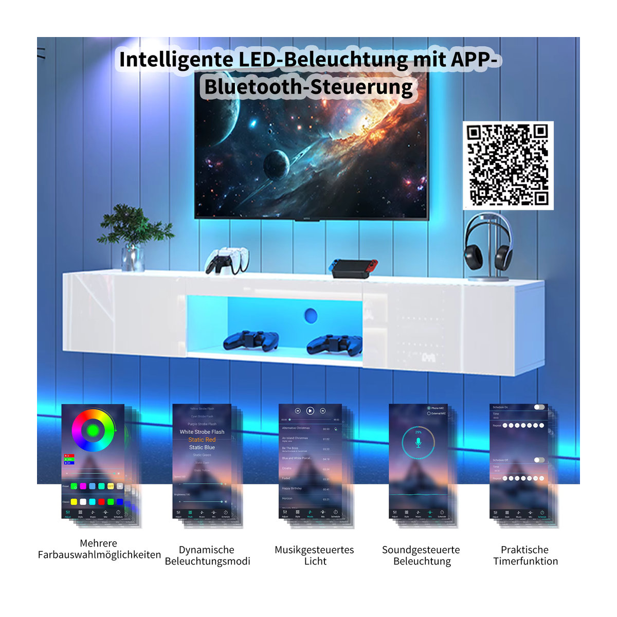 Anajqaqia Hochglänzender TV-Schrank in Weiß mit LED-Beleuchtung und Bluetooth-APP-Steuerung, B/T/H: 160 x 31 x 22 cm - Bild 3