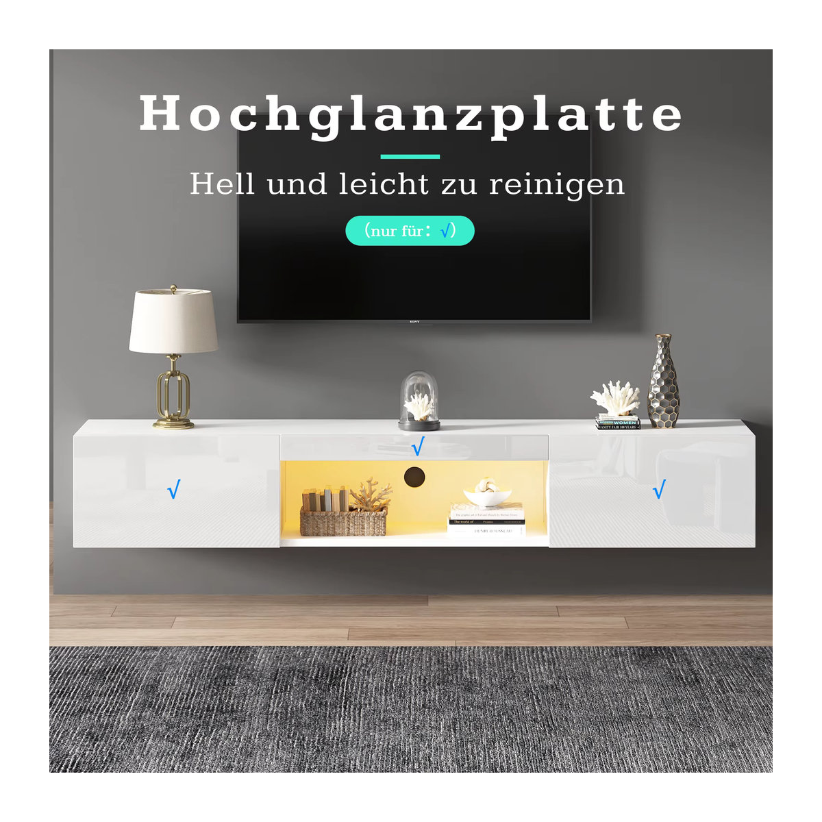 Anajqaqia Hochglänzender TV-Schrank in Weiß mit LED-Beleuchtung und Bluetooth-APP-Steuerung, B/T/H: 160 x 31 x 22 cm - Bild 5