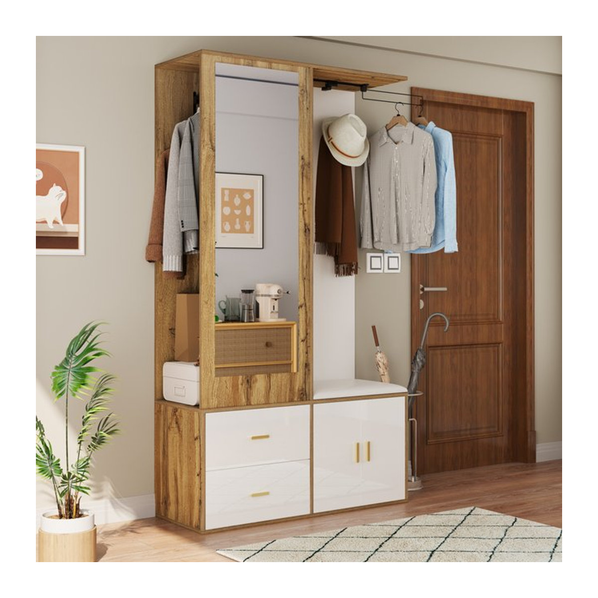 Anajqaqia Kleiderschrank mit Spiegel, Schuhbank und Schuhregal in Weiß und Eiche Natur, B/T/H: 100 x 38 x 180 cm - Bild 1