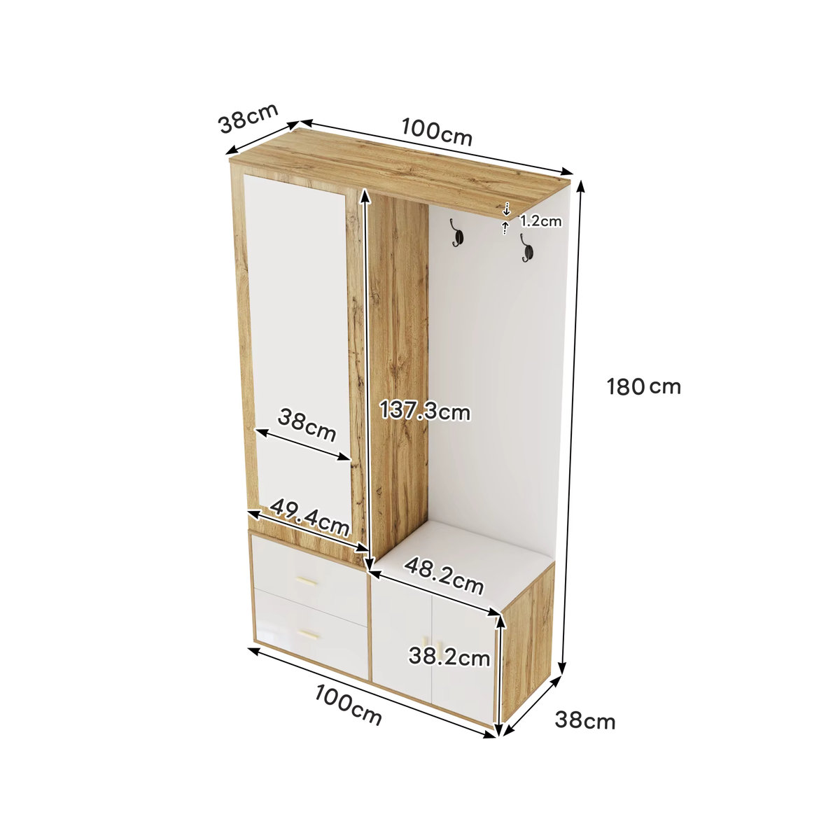 Anajqaqia Kleiderschrank mit Spiegel, Schuhbank und Schuhregal in Weiß und Eiche Natur, B/T/H: 100 x 38 x 180 cm - Bild 2