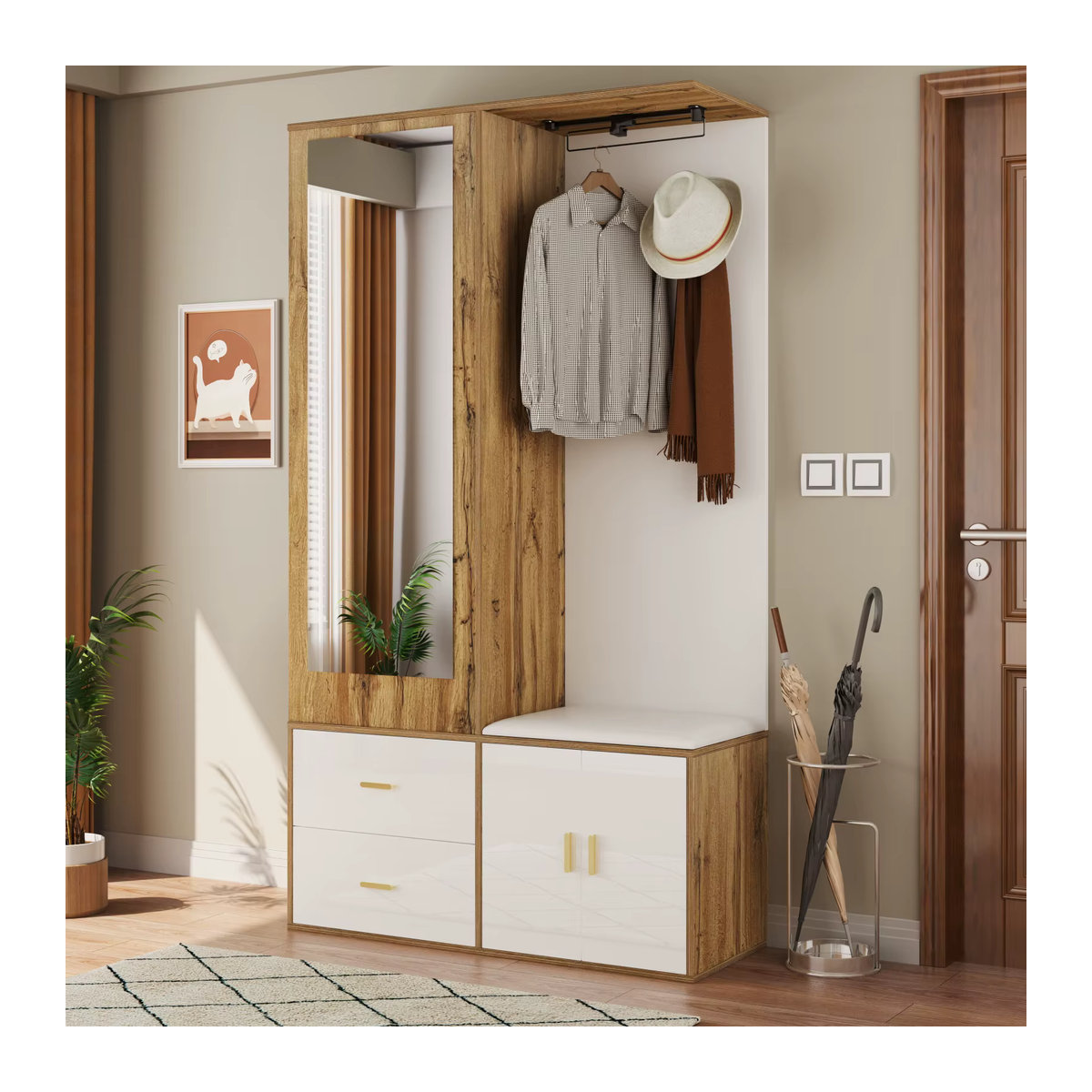 Anajqaqia Kleiderschrank mit Spiegel, Schuhbank und Schuhregal in Weiß und Eiche Natur, B/T/H: 100 x 38 x 180 cm - Bild 3