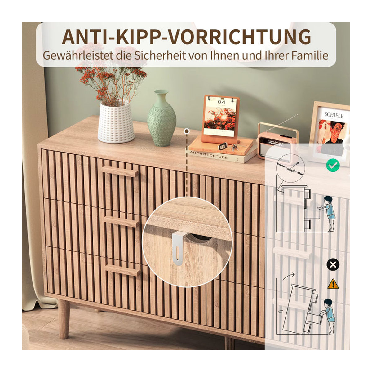Anajqaqia Kommode mit 6 Schubladen im skandinavischen Design, Natur, B/T/H: 100 x 34 x 73 cm - Bild 4