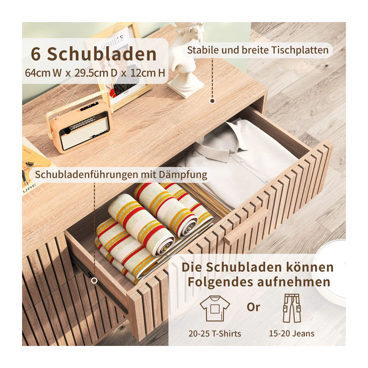 Anajqaqia Kommode mit 6 Schubladen im skandinavischen Design, Natur, B/T/H: 100 x 34 x 73 cm - Bild 6