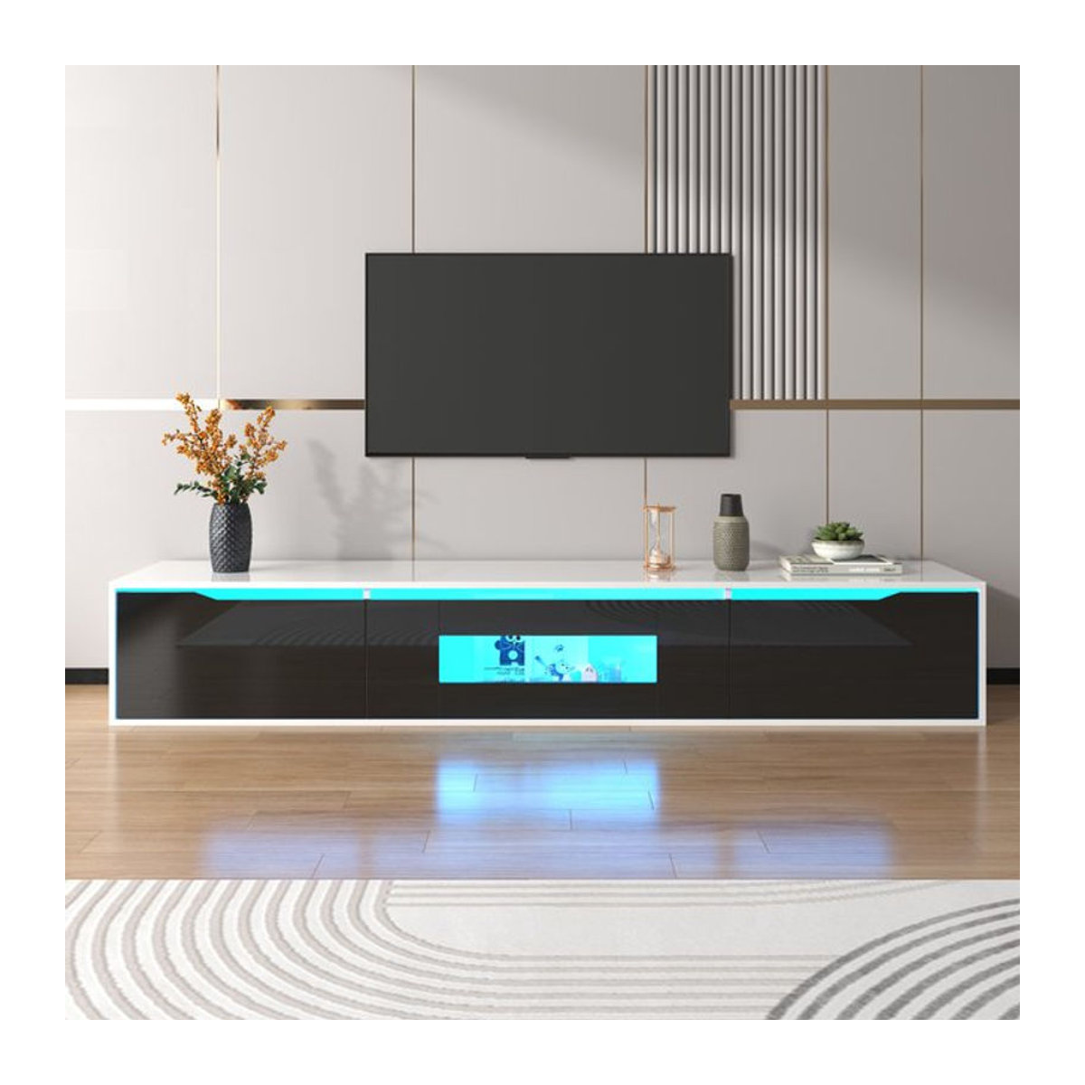 Anajqaqia Moderner TV-Schrank in Schwarz/Weiß mit LED-Beleuchtung und Stauraum, B/T/H: 180 x 30 x 35 cm - Bild 1