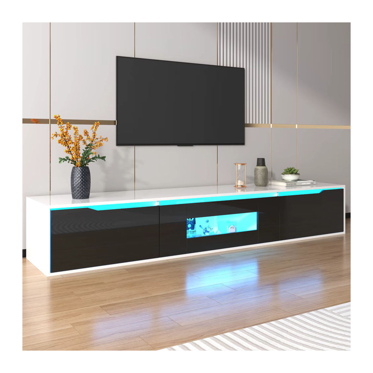 Anajqaqia Moderner TV-Schrank in Schwarz/Weiß mit LED-Beleuchtung und Stauraum, B/T/H: 180 x 30 x 35 cm - Bild 2