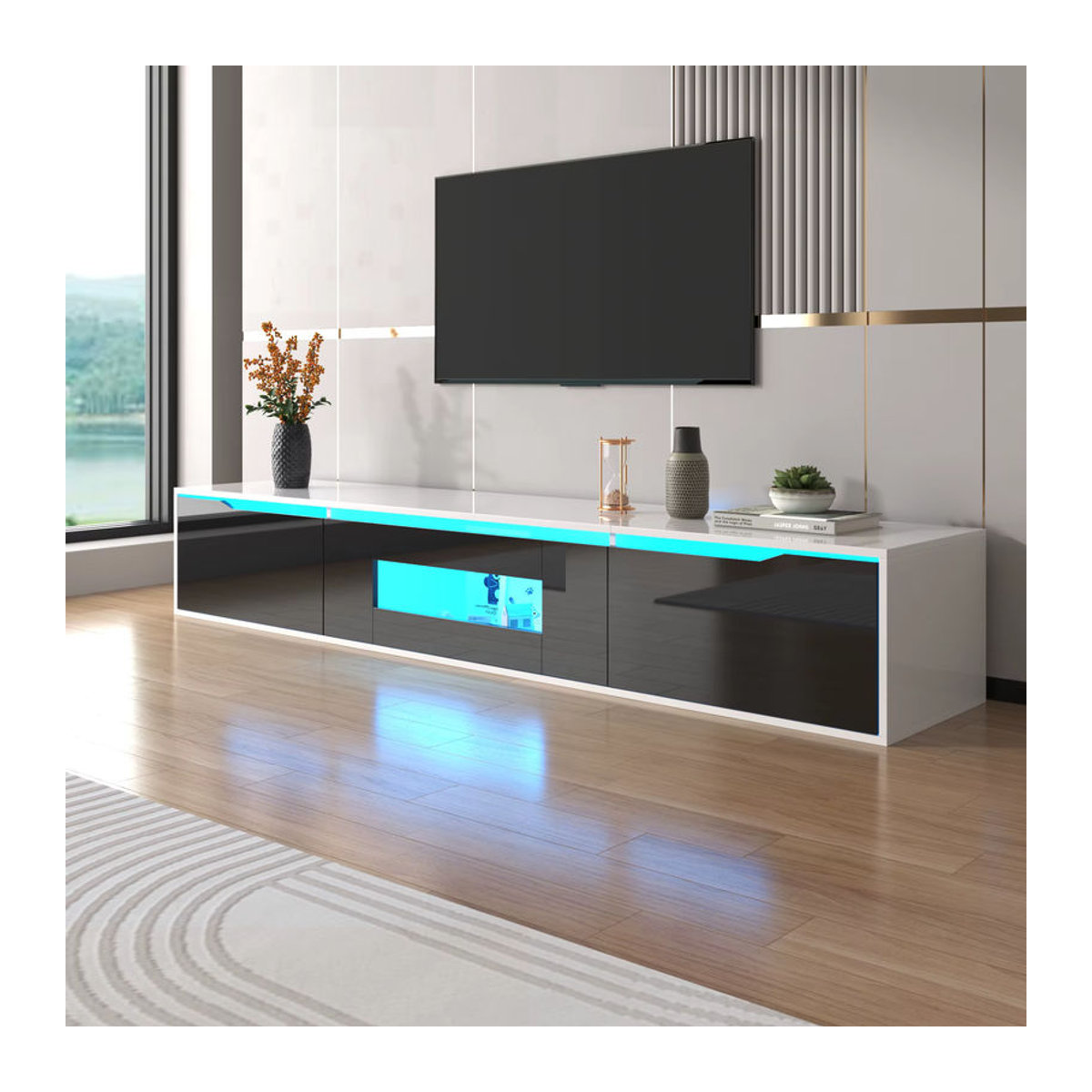 Anajqaqia Moderner TV-Schrank in Schwarz/Weiß mit LED-Beleuchtung und Stauraum, B/T/H: 180 x 30 x 35 cm - Bild 3