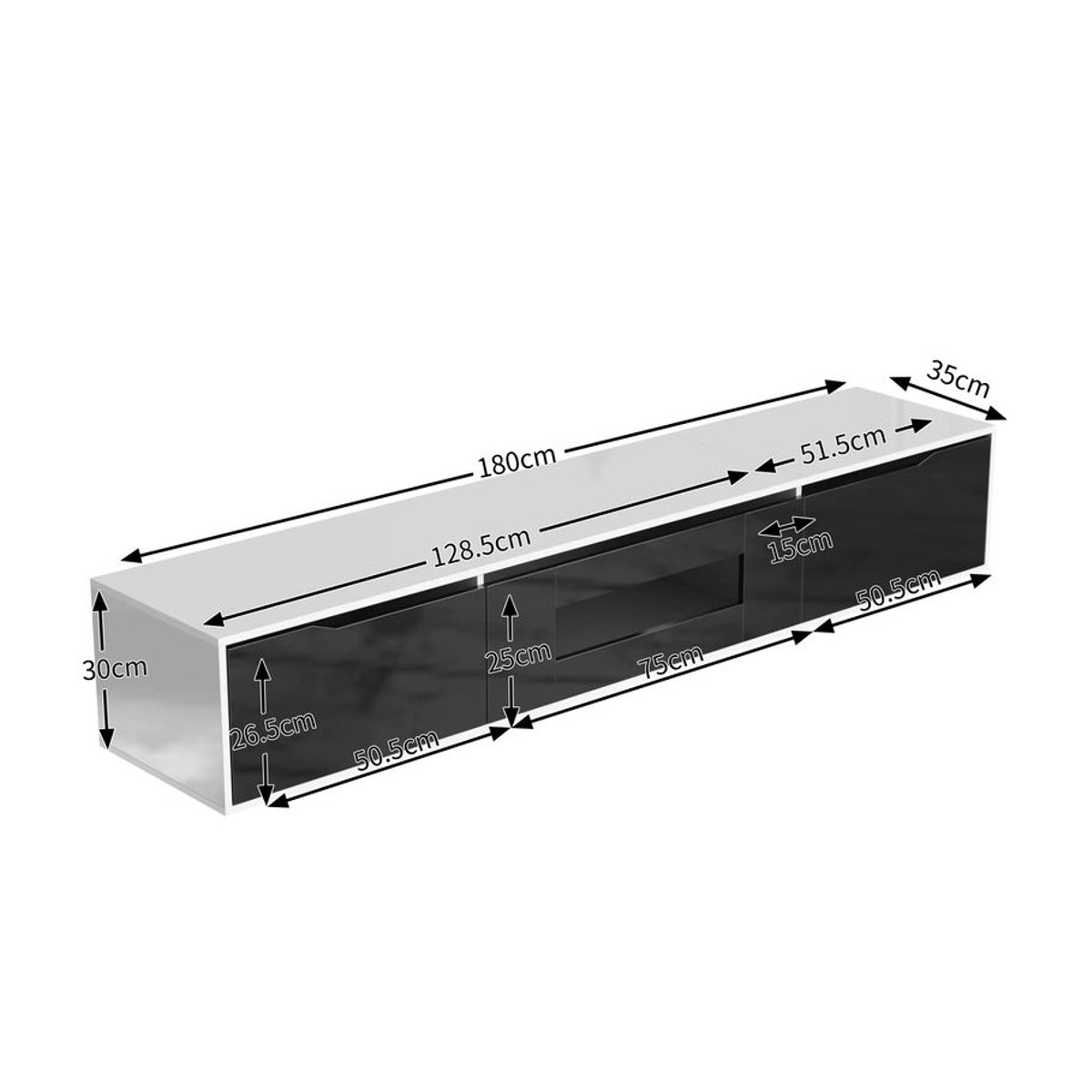 Anajqaqia Moderner TV-Schrank in Schwarz/Weiß mit LED-Beleuchtung und Stauraum, B/T/H: 180 x 30 x 35 cm - Bild 4