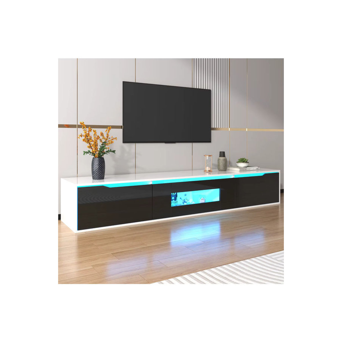 Anajqaqia Moderner TV-Schrank in Schwarz/Weiß mit LED-Beleuchtung und Stauraum, B/T/H: 180 x 30 x 35 cm - Bild 5